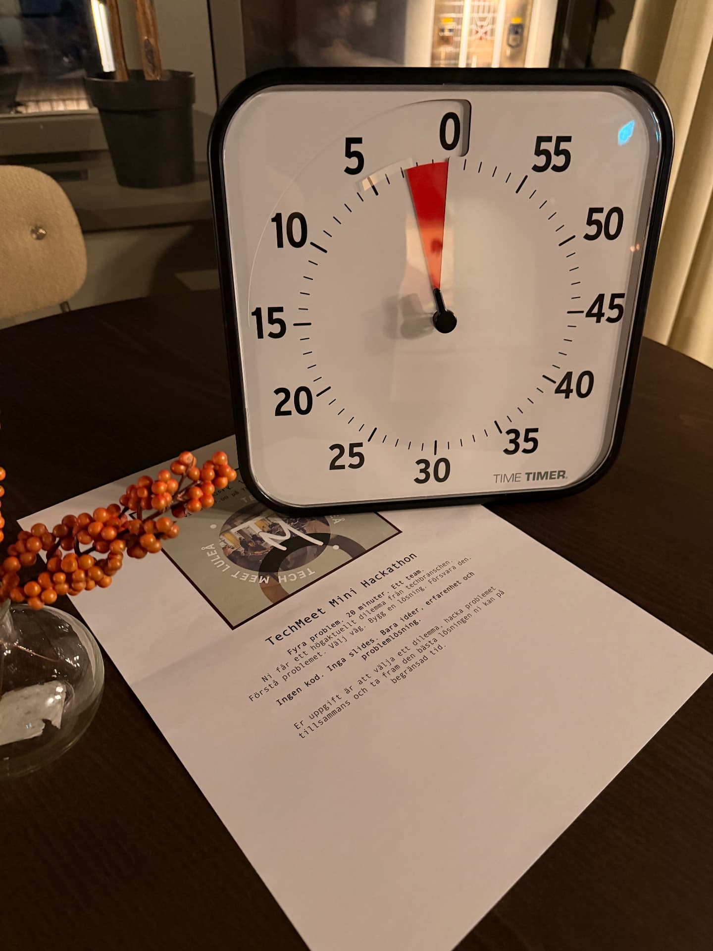 Timer och uppgiftsblad för TechMeets mini hackathon